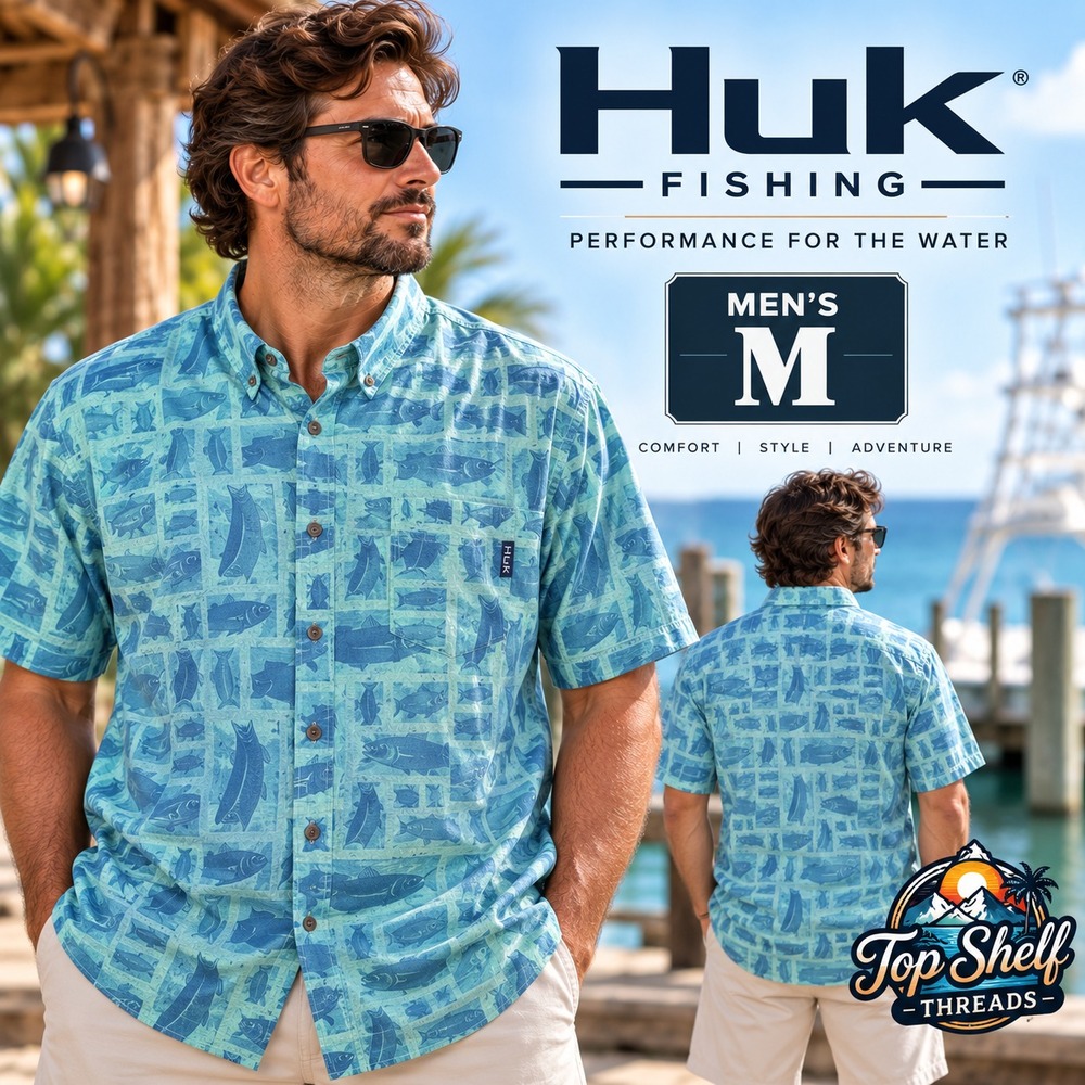 Huk Teaser Fishing Shirt Men M Blue Tuna AOP Button Down Quick Dry Stretch UPF30